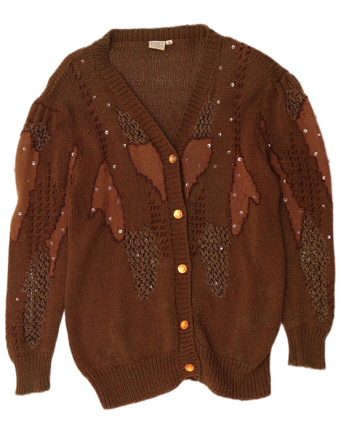 vintage Femmes Motif Abstrait Cardigan Pull UK 14 Brun Moyen