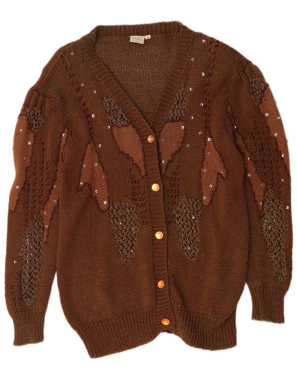 vintage Femmes Motif Abstrait Cardigan Pull UK 14 Brun Moyen