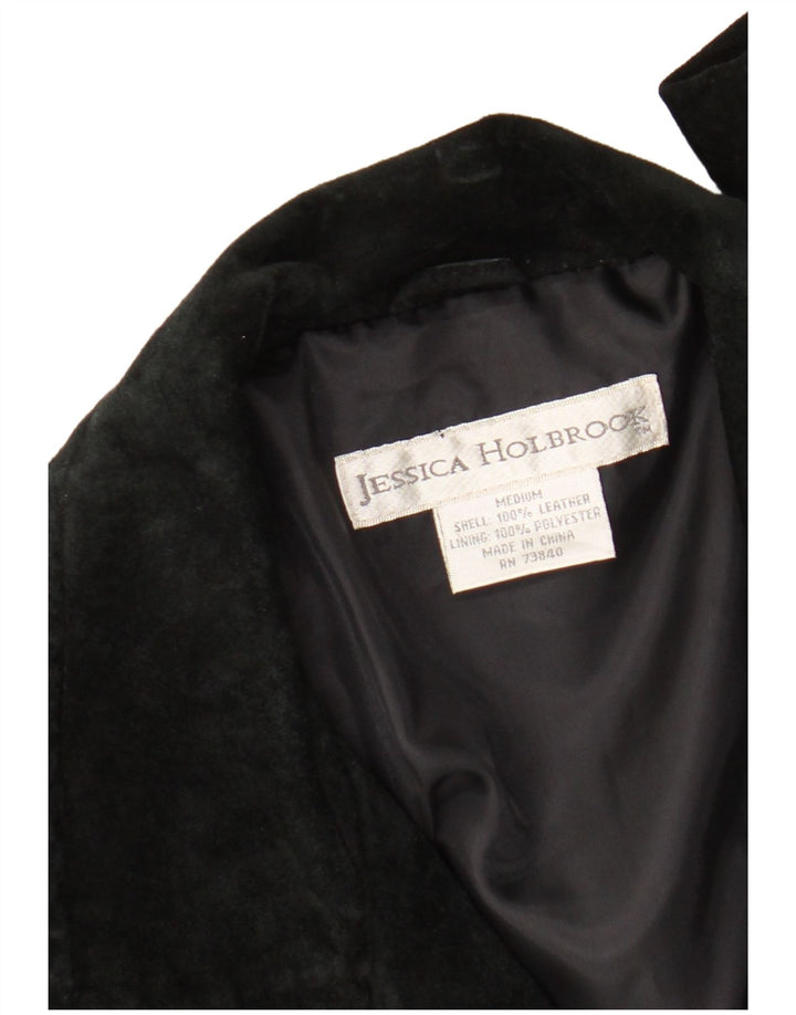 vintage Femmes Daim 3 Bouton Blazer Veste Moyen Noir Cuir