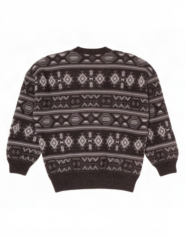 vintage Mens V-Col Jumper Pull Grand Gris Fair Isle