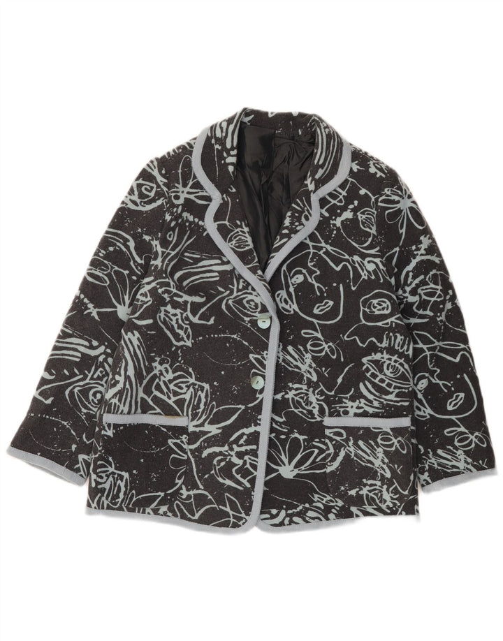 vintage Femmes Graphique 2 Bouton Blazer Veste UK 16 Grand Noir