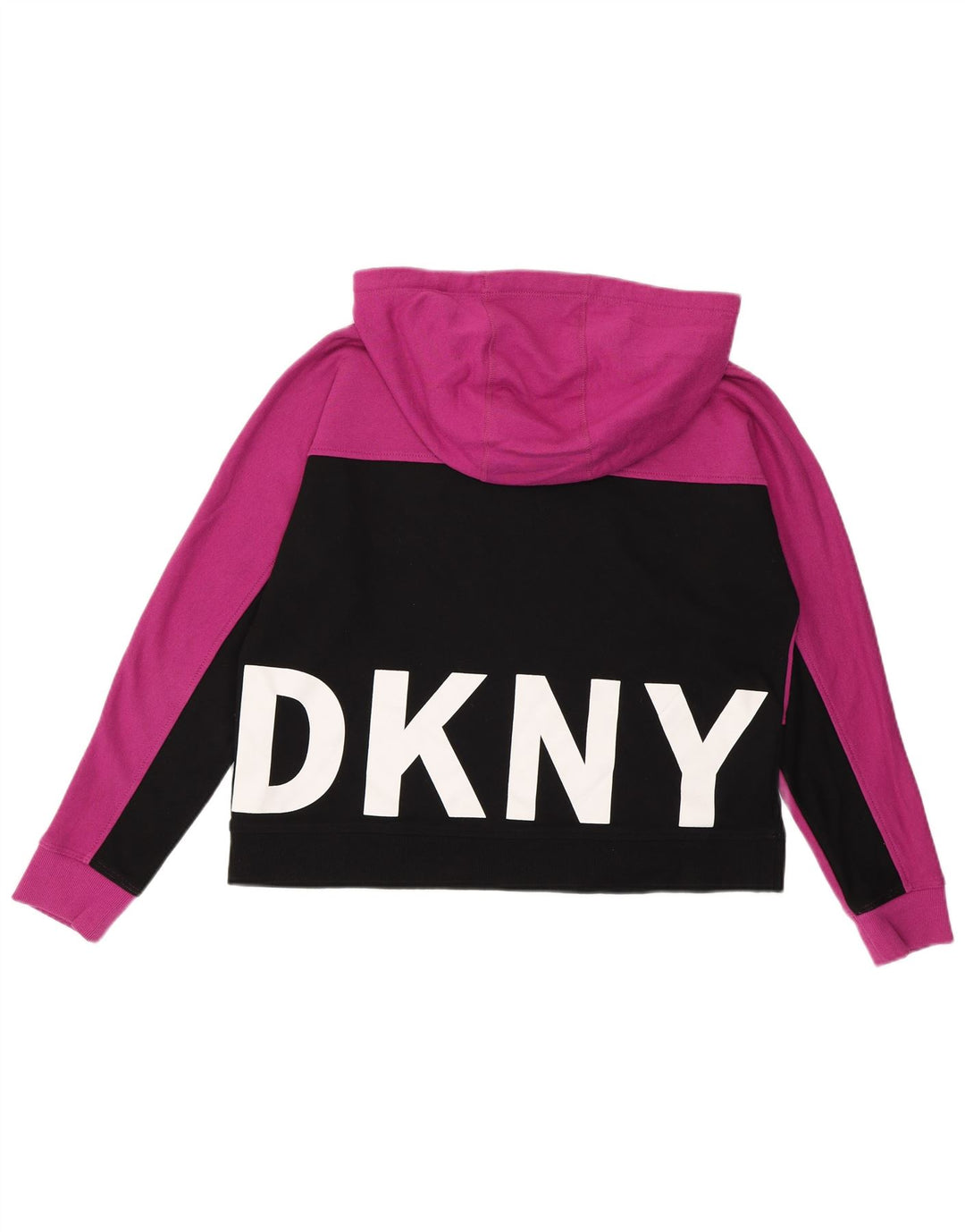 DKNY Womens Graphic Crop Hoodie Jumper UK 14 Medium Pink Colourblock Vintage Dkny and Second-Hand Dkny from Messina Hembry 