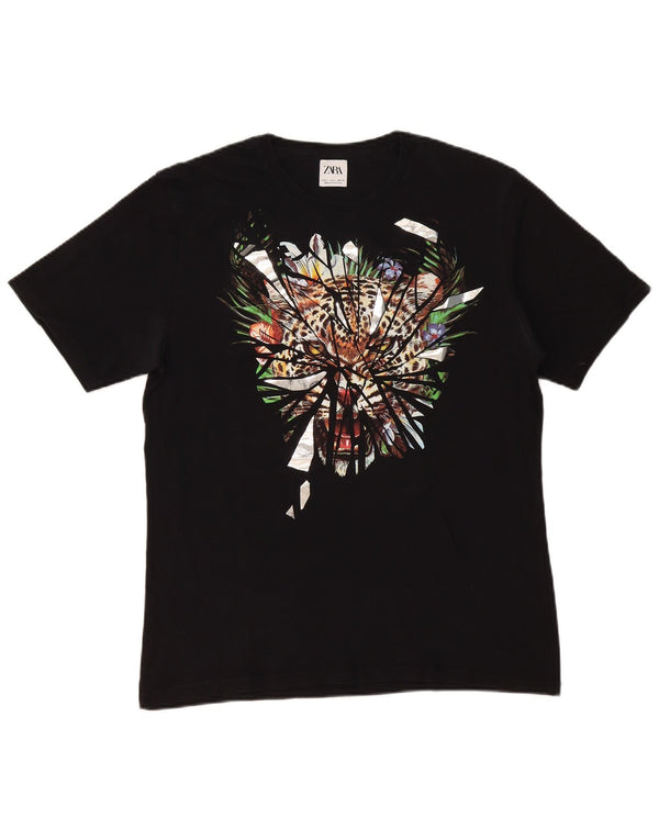 Zara Mens Graphic T-Shirt Top Grand Noir Imprimé Animal