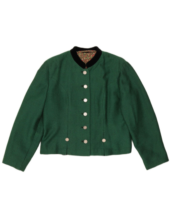 vintage Femmes Trachten Crop Blazer Veste UK 14 Vert Moyen Tacheté