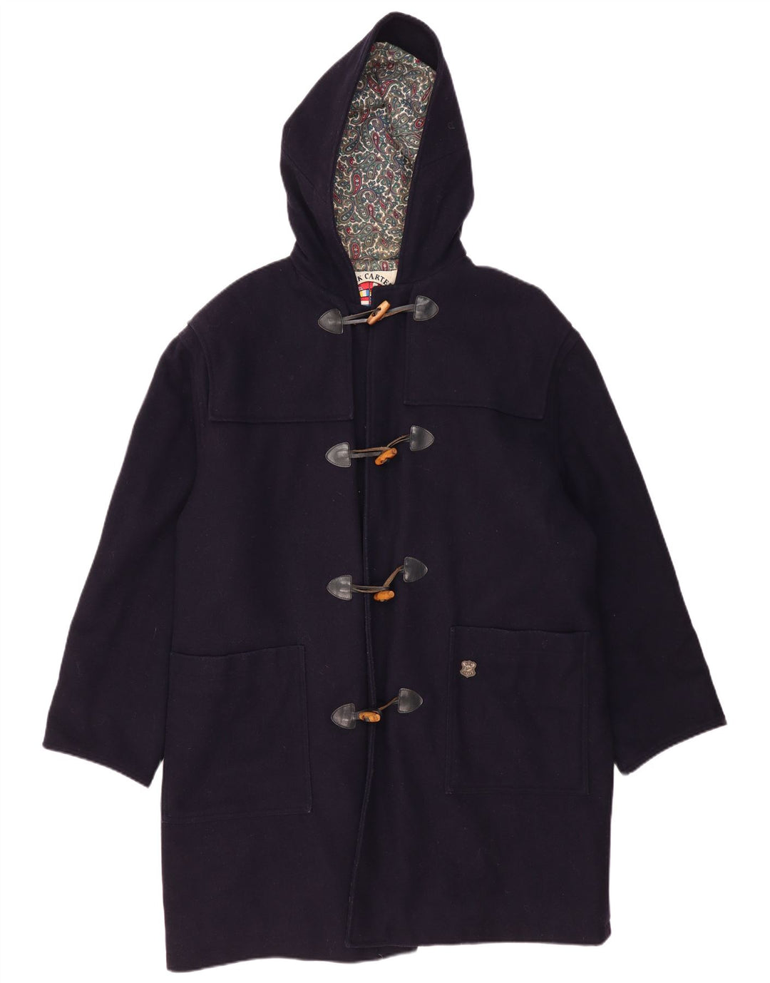 vintage Homme À Capuche Loose Fit Duffle Coat IT 48 Laine Bleu Marine Moyen