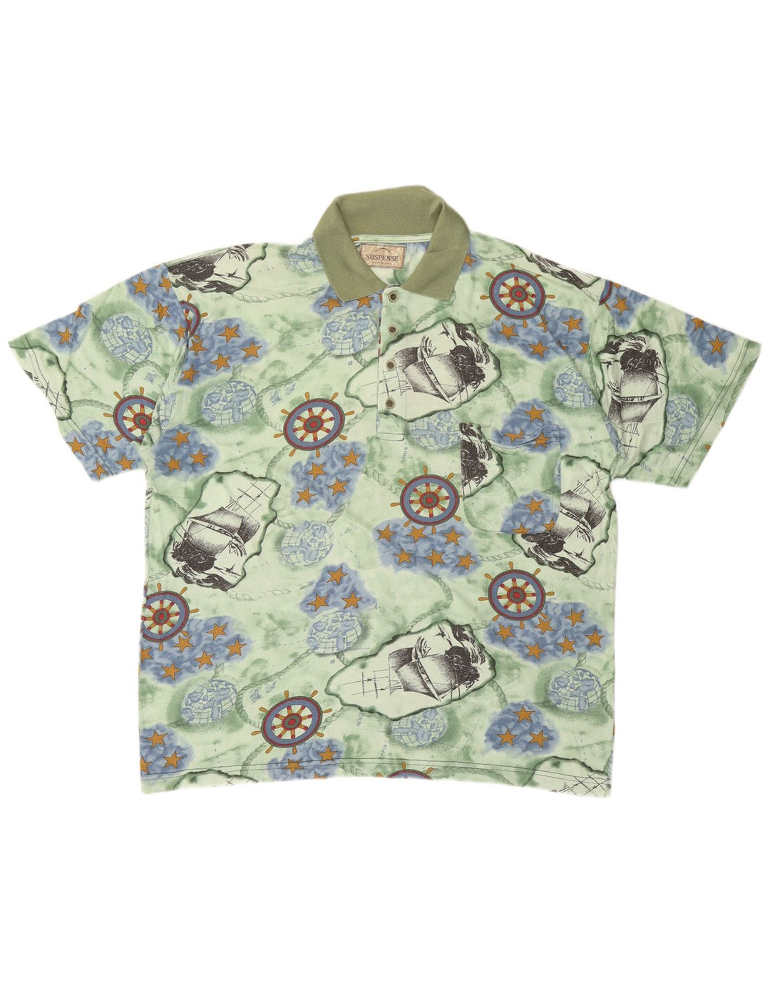 SUSPENCE Mens Abstract Pattern Polo Shirt XL Green Cotton