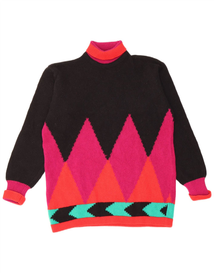 vintage Femmes Roll Neck Jumper Pull UK 12 Moyen Noir Argyle/Diamant
