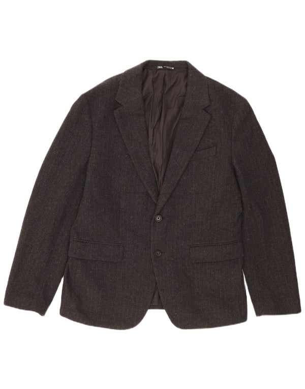 Zara Veste Blazer 2 Boutons Homme EU 52 Grande Laine Rayée Grise
