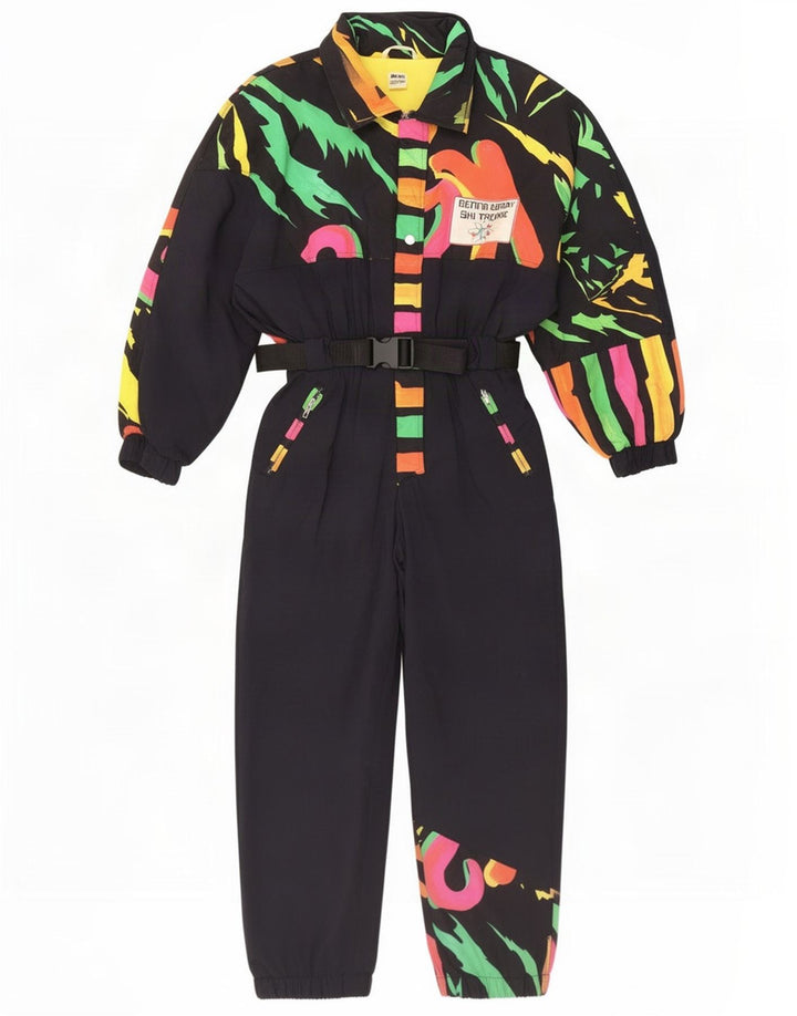 vintage Femme Motif Abstrait Ski Combinaison UK 12 Moyen Noir Polyamide