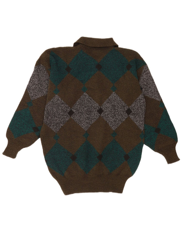 vintage Mens Polo Neck Jumper Pull Marron Moyen Argyle/Diamond Classique