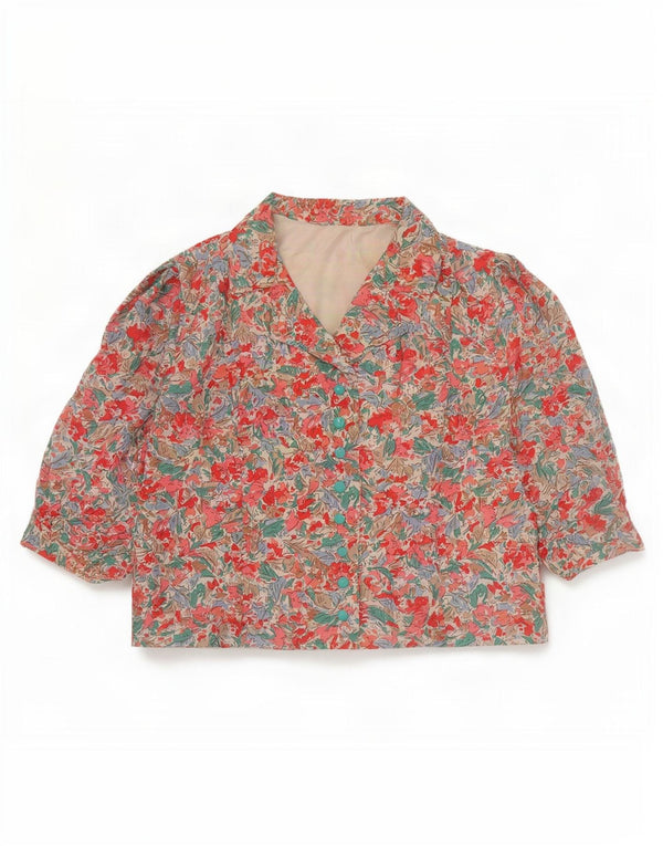 vintage Femmes Crop 3/4 Manches Chemise Blouse UK 14 Moyen Rose Floral
