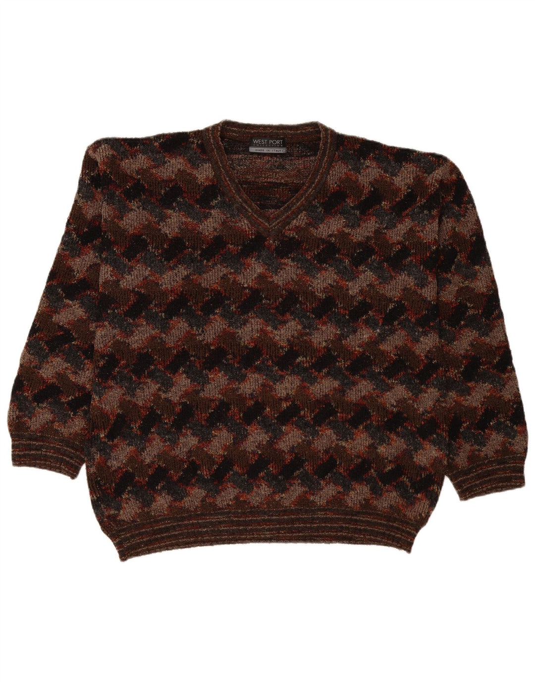 West Port Pull à col en V pour homme Large Marron Géométrique