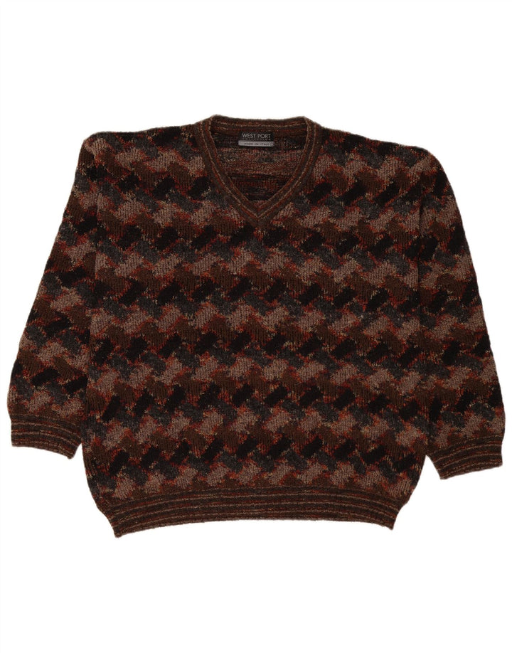 West Port Pull à col en V pour homme Large Marron Géométrique