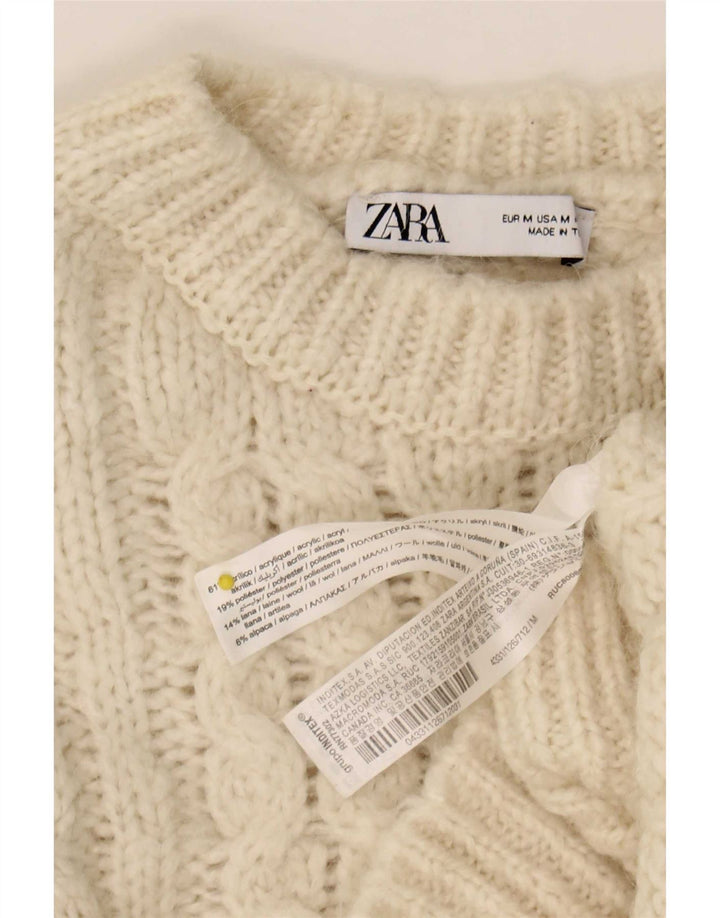 Zara Pull surdimensionné à col rond pour femme UK 12 Medium Off White
