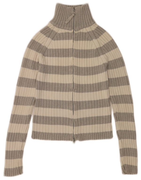 Zara Womens Crop Cardigan Sweater UK 14 Large Gris Rayé Coton