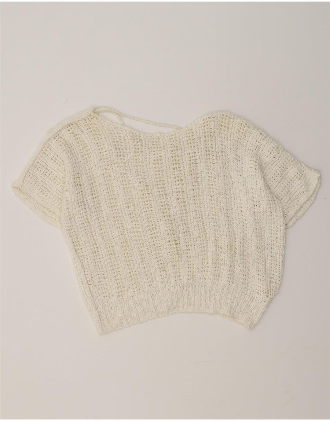 vintage Womens Crop Short Sleeve V-Col Jumper Pull UK 14 Moyen Blanc
