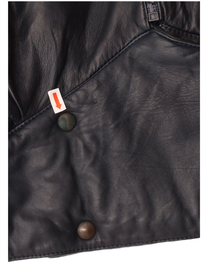 VINTAGE Veste en cuir crop femme UK 6 XS Bleu Marine