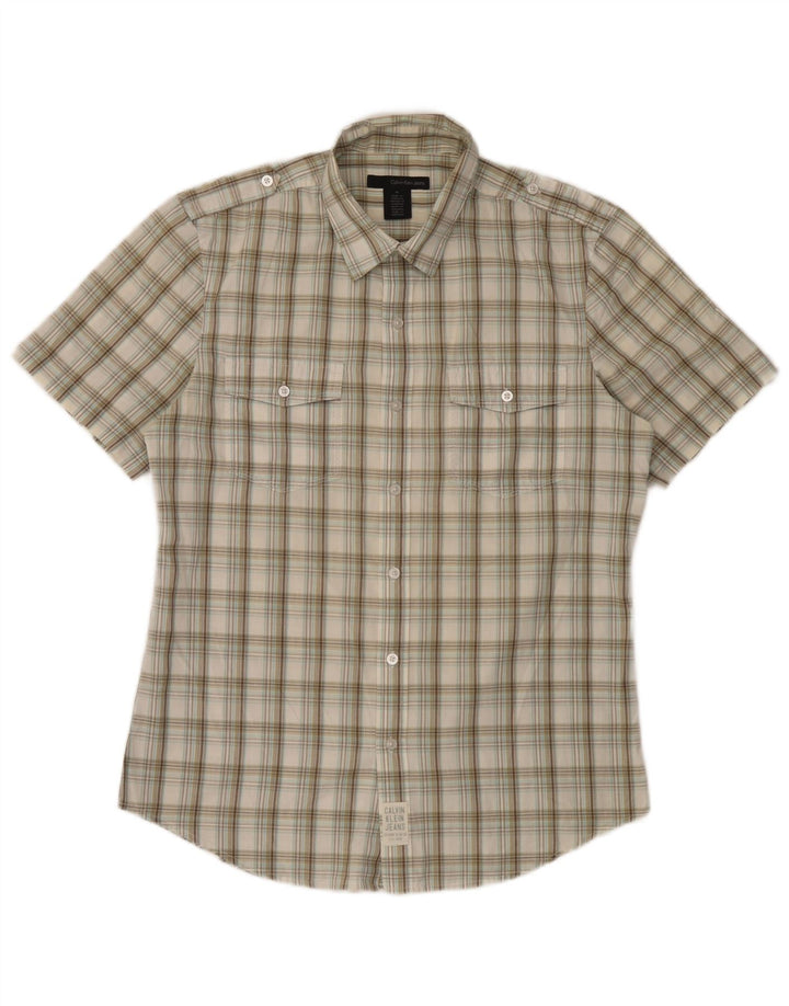Calvin Klein Jeans Chemise militaire à manches courtes pour homme à carreaux beige moyen