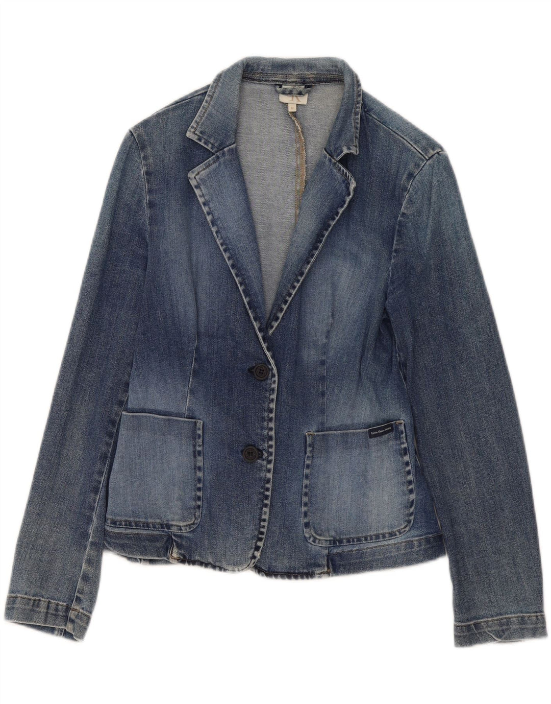 Calvin Klein Veste blazer en jean à 2 boutons pour femme UK 12 Bleu moyen Coton