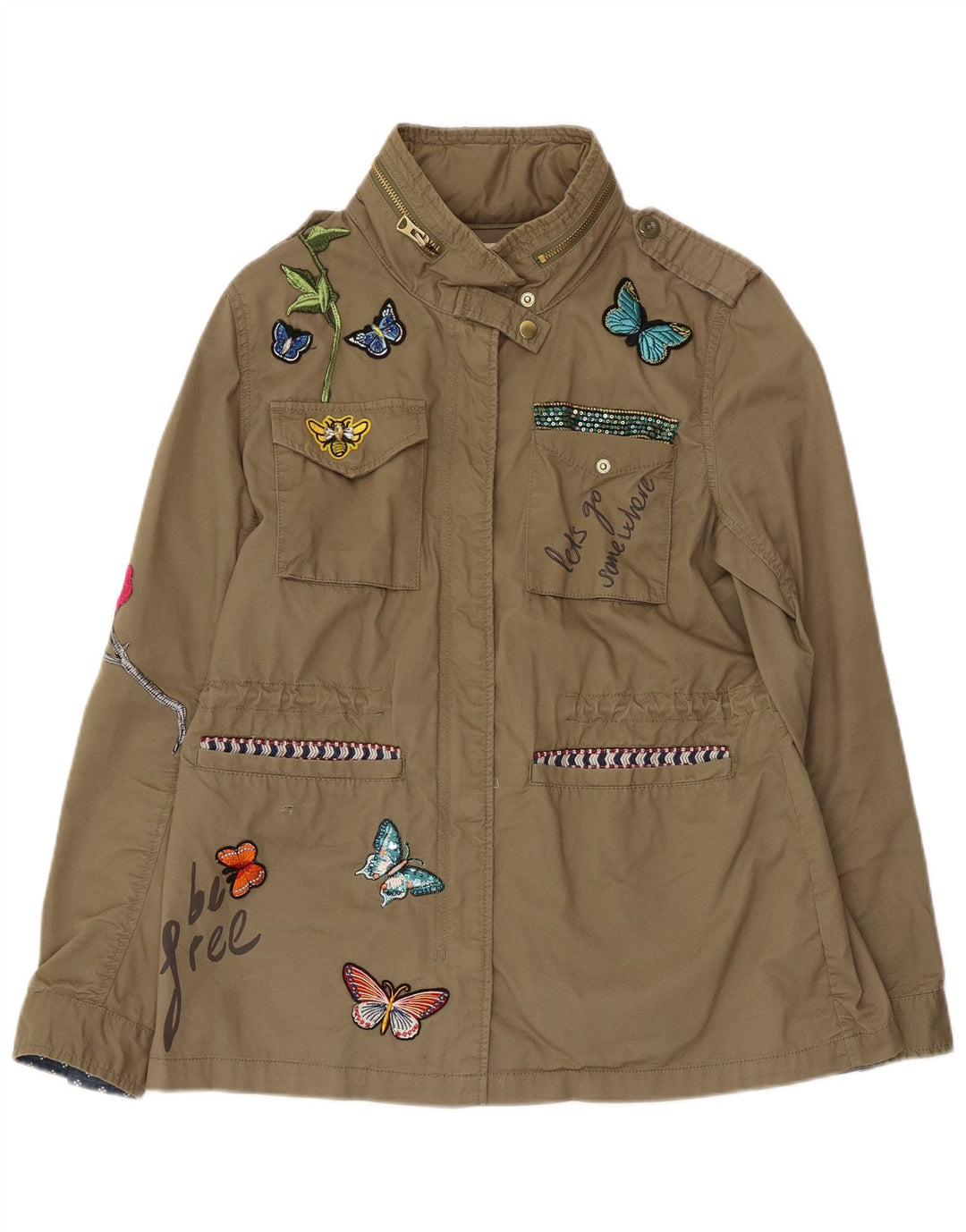 DESIGUAL Veste militaire graphique pour femme EU 42 Grand papillon en coton kaki