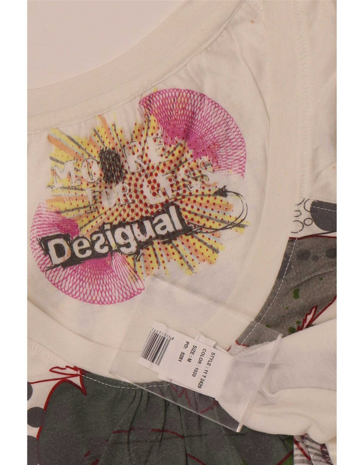 Desigual Femme Graphic T-Shirt Top UK 12 Medium Blanc Polyester