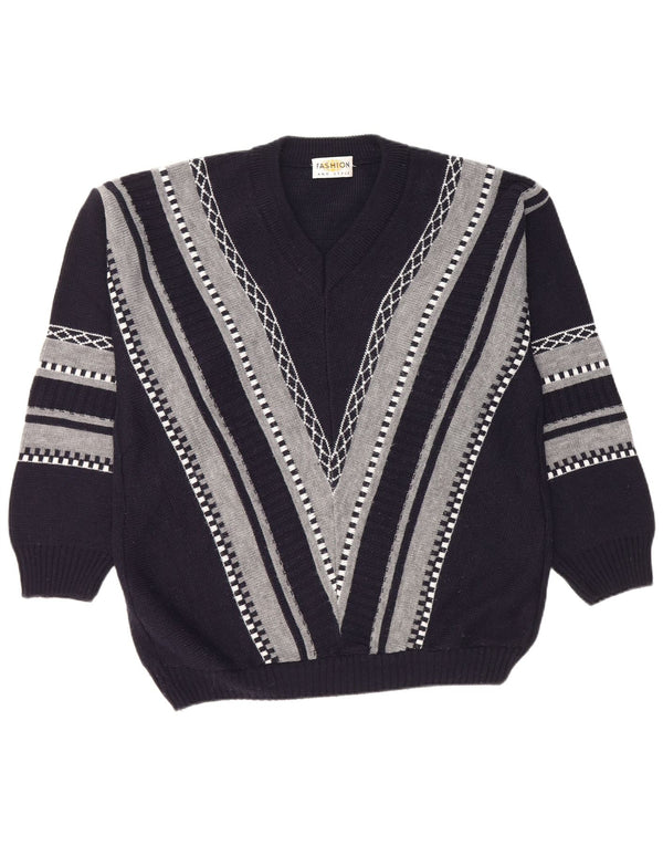 vintage Mens V-Col Jumper Pull Grand Bleu Marine Rayé Polyacrylique