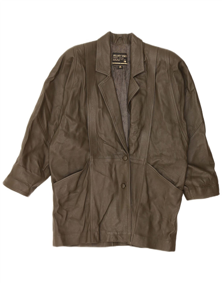 JULIAN VARD Manteau en cuir femme UK 14 Grand cuir vert