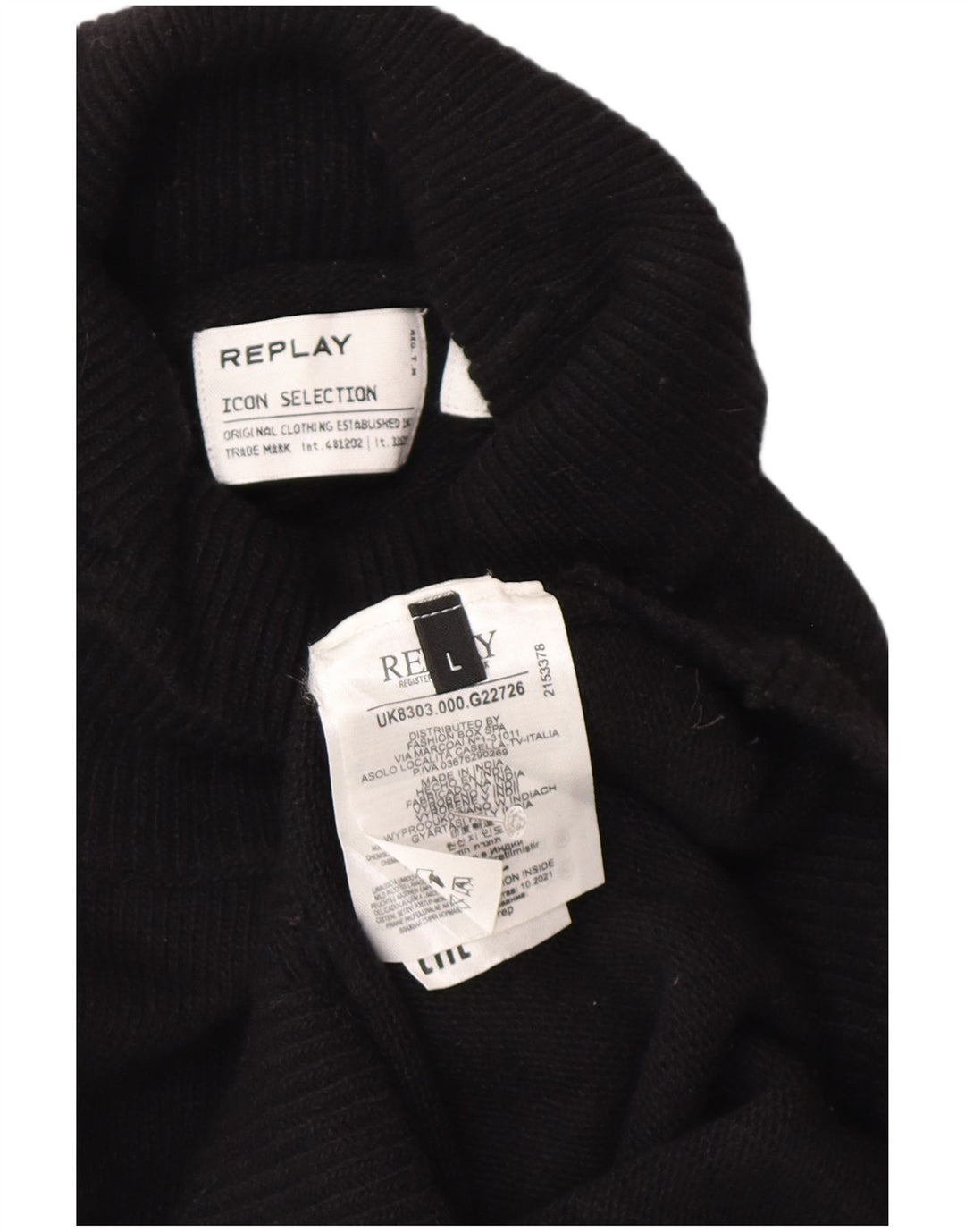 REPLAY Pull col roulé femme UK 14 Large laine noire