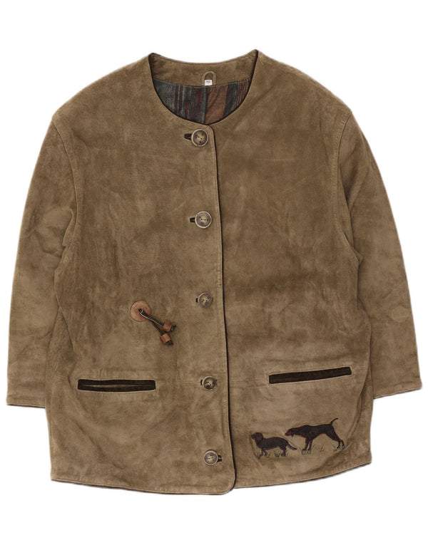 vintage Mens Hunting Graphic Suede Jacket EU 42 Grand imprimé animal kaki