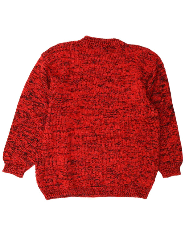 vintage Womens Graphic Crew Neck Jumper Pull UK 14 Moyen Rouge Moucheté