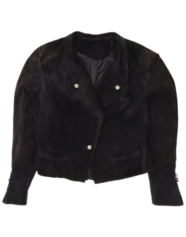 VINTAGE Femme 1 Bouton Crop Blazer Veste UK 14 Moyen Bleu Marine Viscose