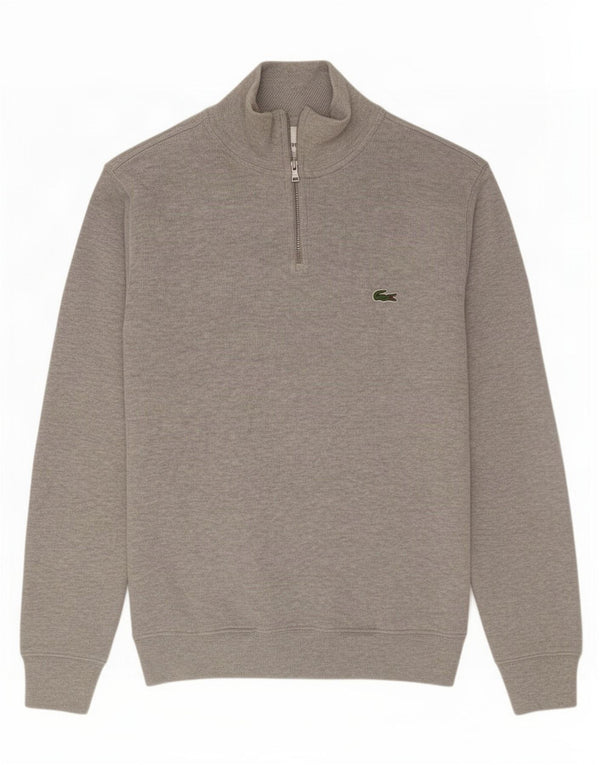 Lacoste Mens Zip Neck Jumper Sweater Taille 3 Petit Gris Moucheté Coton