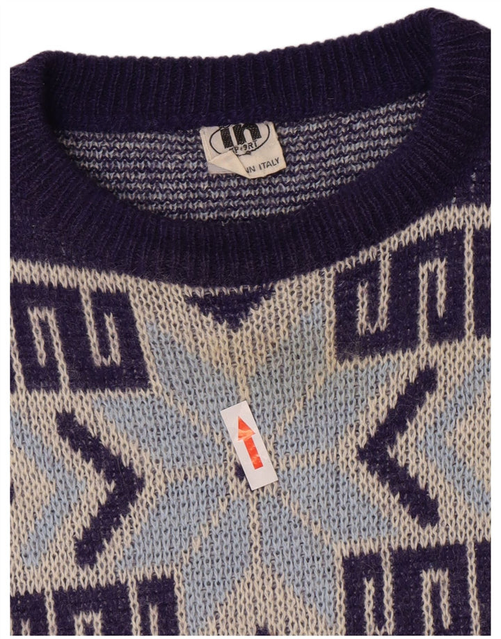 vintage Mens Crew Neck Jumper Pull Moyen Bleu Marine Géométrique