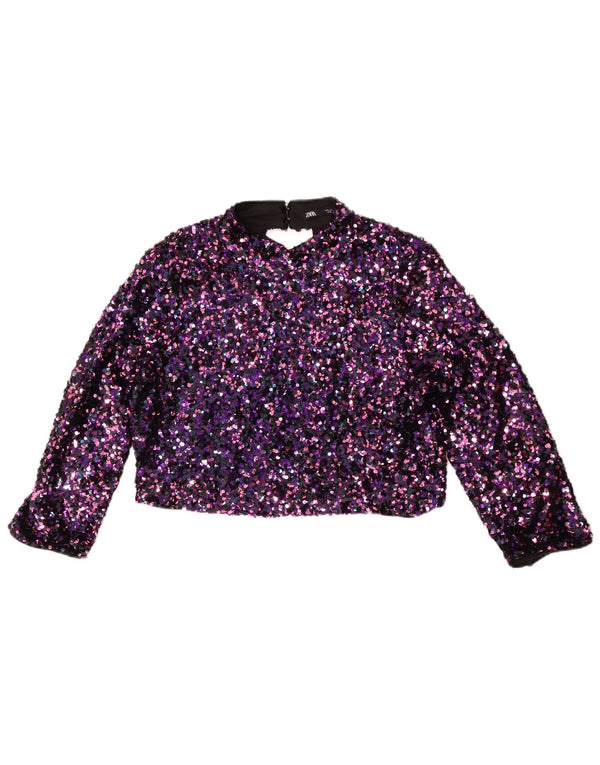Zara Womens Crop 3/4 Sleeve Blouse Top UK 14 Large Violet Moucheté