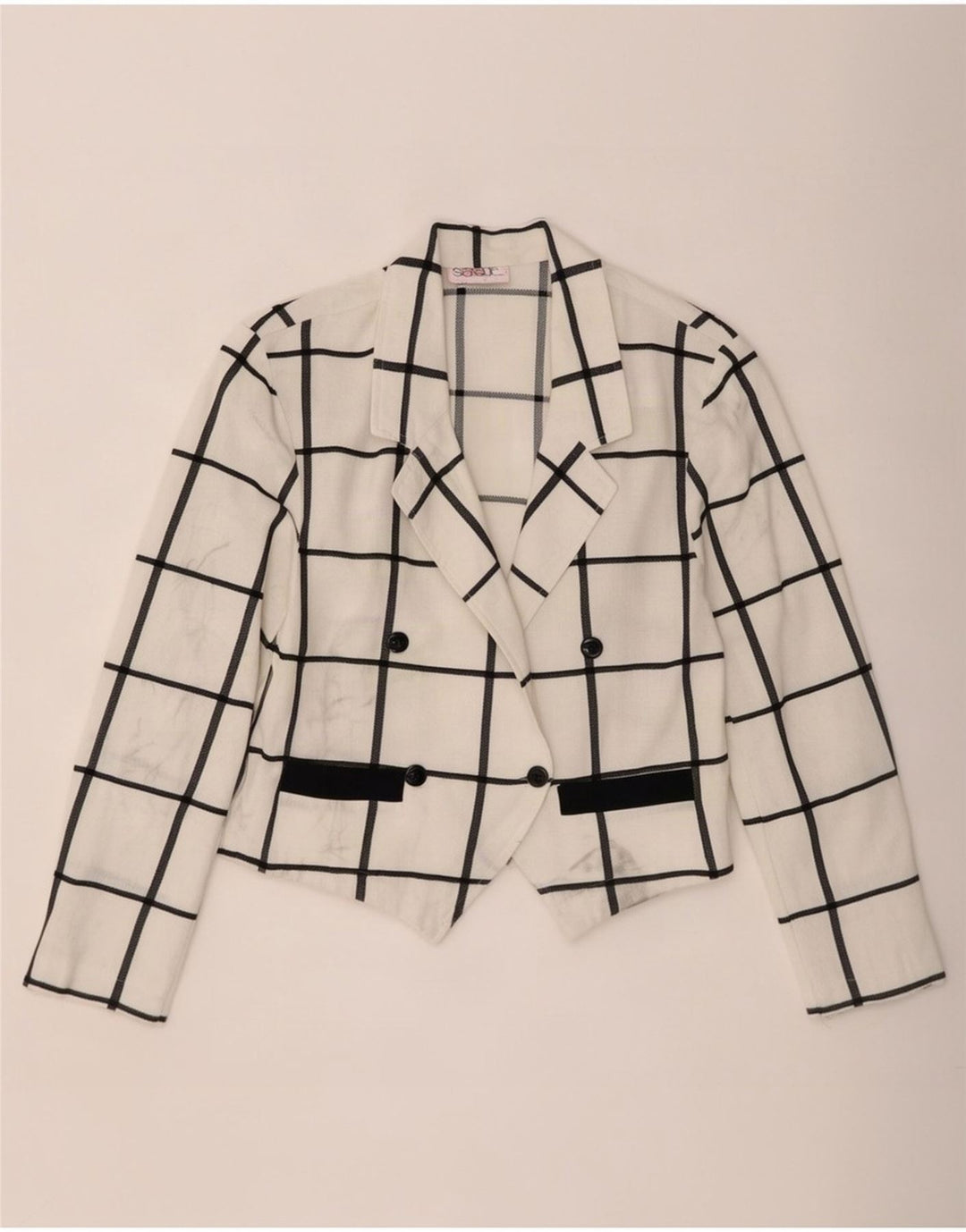 vintage Femmes Crop Double Breasted Blazer Veste EU 40 Moyen Blanc Check
