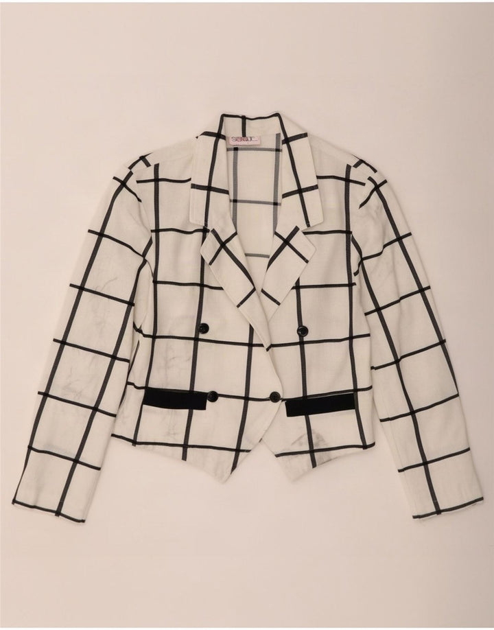 vintage Femmes Crop Double Breasted Blazer Veste EU 40 Moyen Blanc Check