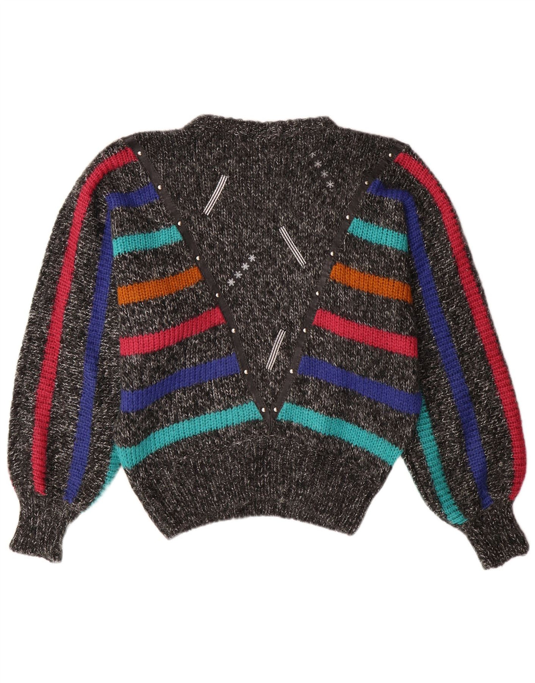 VINTAGE Femmes Batwing Crew Neck Jumper Pull UK 14 Gris Moyen Rayé