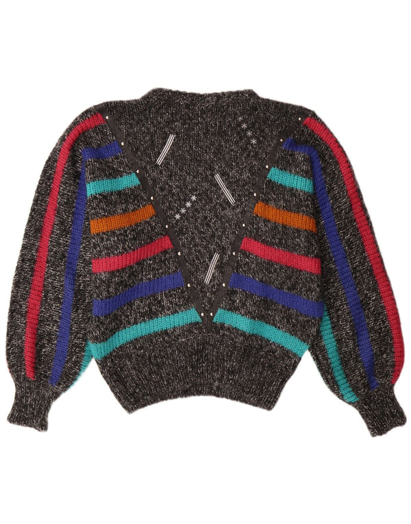 VINTAGE Femmes Batwing Crew Neck Jumper Pull UK 14 Gris Moyen Rayé