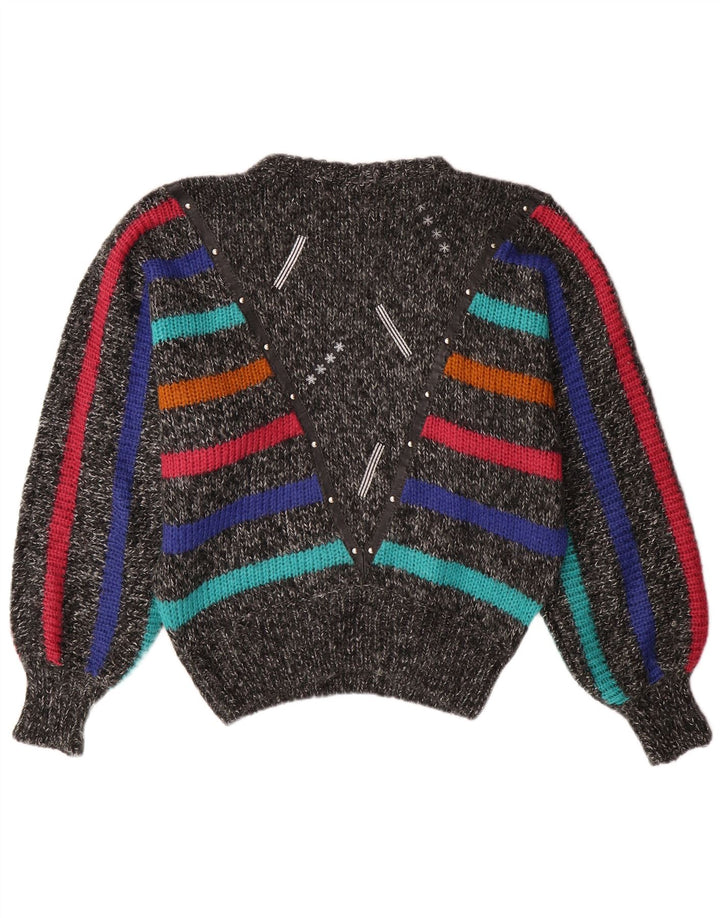 VINTAGE Femmes Batwing Crew Neck Jumper Pull UK 14 Gris Moyen Rayé