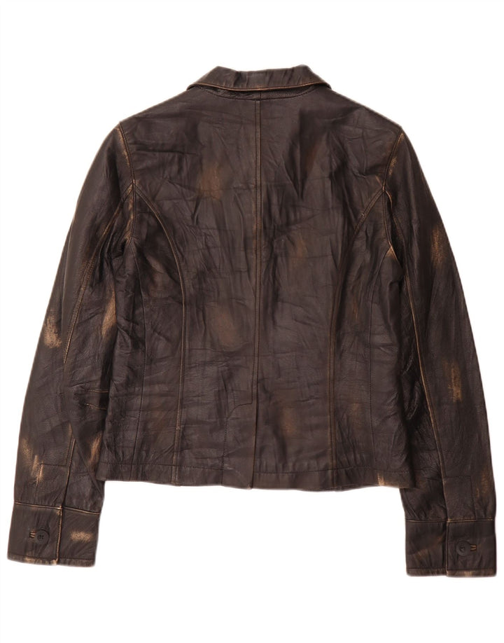vintage Femmes 2 Bouton Blazer En Cuir Veste UK 8 Petit Noir