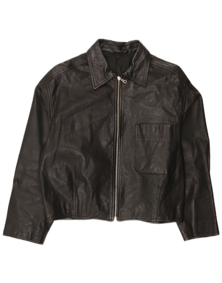 vintage Womens Crop Veste en cuir surdimensionné UK 10 Petit cuir noir