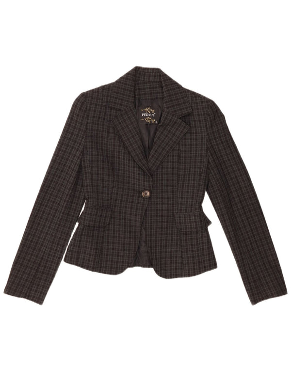vintage Femme 1 Bouton Blazer Veste EU 36 Petit Gris Check Polyester