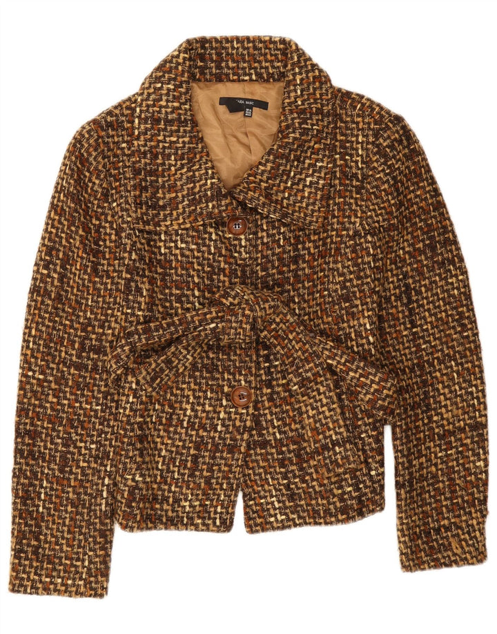 Zara Veste blazer à 3 boutons pour femme UK 18 XL Marron Chevron Acrylique