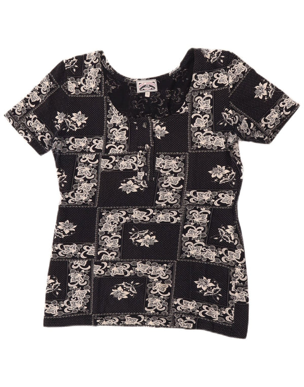 vintage Womens Blouse Top UK 10 Petit coton floral noir