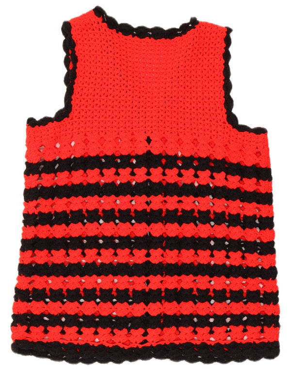 vintage Femmes Sans Manches Cardigan Pull UK 14 Moyen Rouge Rayé Rétro