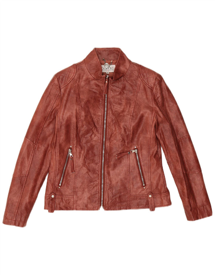 Veste en simili cuir femme vintage UK 10 petit polyester bordeaux