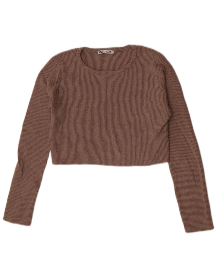 ZARA Femme Crop Top Manches Longues UK 14 Large Marron Viscose