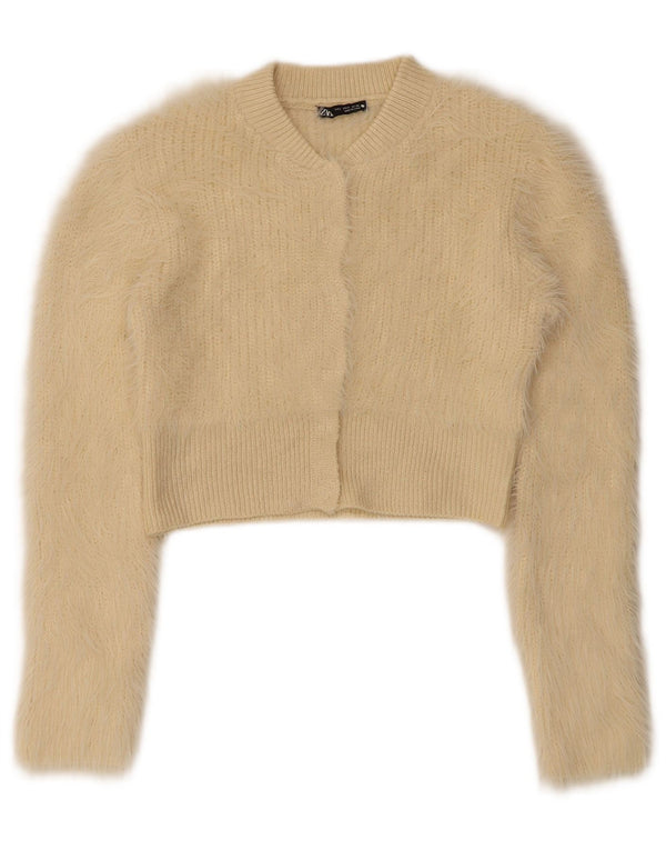 Zara Femmes Crop Cardigan Pull UK 8 Petit Beige Polyester