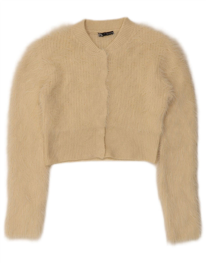 Zara Femmes Crop Cardigan Pull UK 8 Petit Beige Polyester