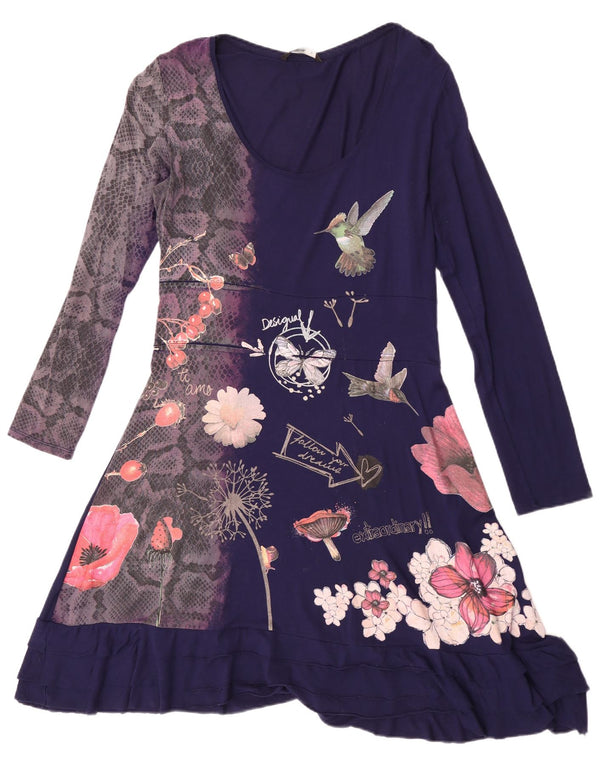 Desigual Robe trapèze graphique à manches longues pour femme UK 18 XL Bleu marine Floral